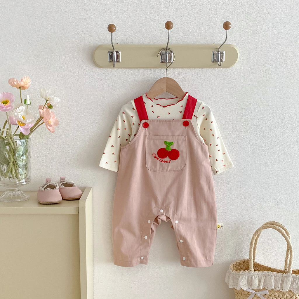 Cherry Print Top & Strap Overall Set – Girls (3M–12M)