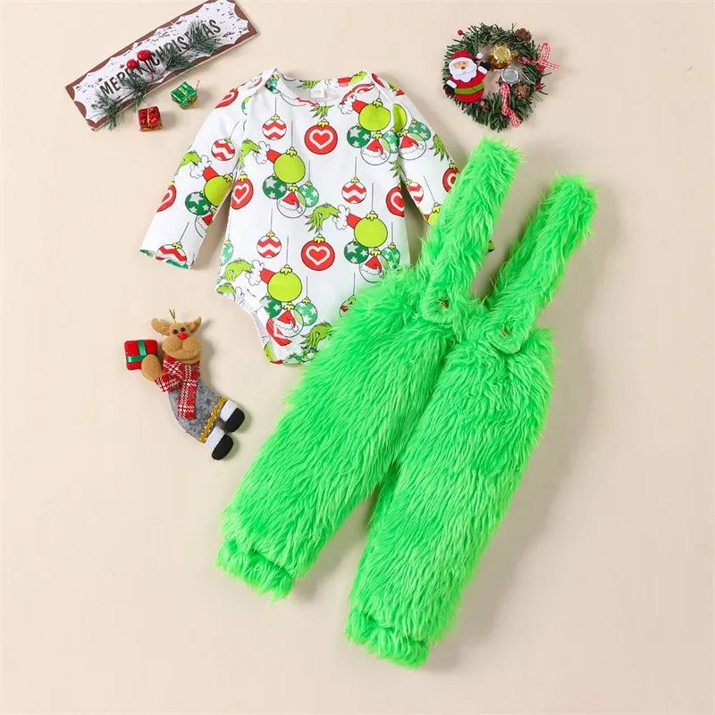 Holiday Christmas Romper & Plush Suspender Set – Baby & Toddler (6M–24M)