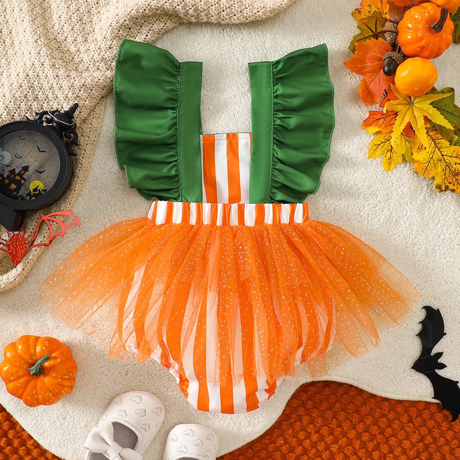 Halloween Pumpkin Mesh Romper – Girls (0–18M)