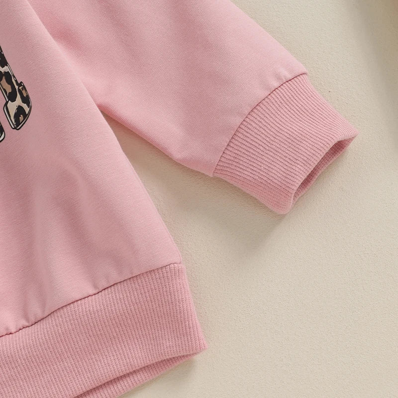 Baby Girl Leopard & Letter Print 2-Piece Outfit – Long Sleeve Pullover Top & Strap Pants (0-3T)