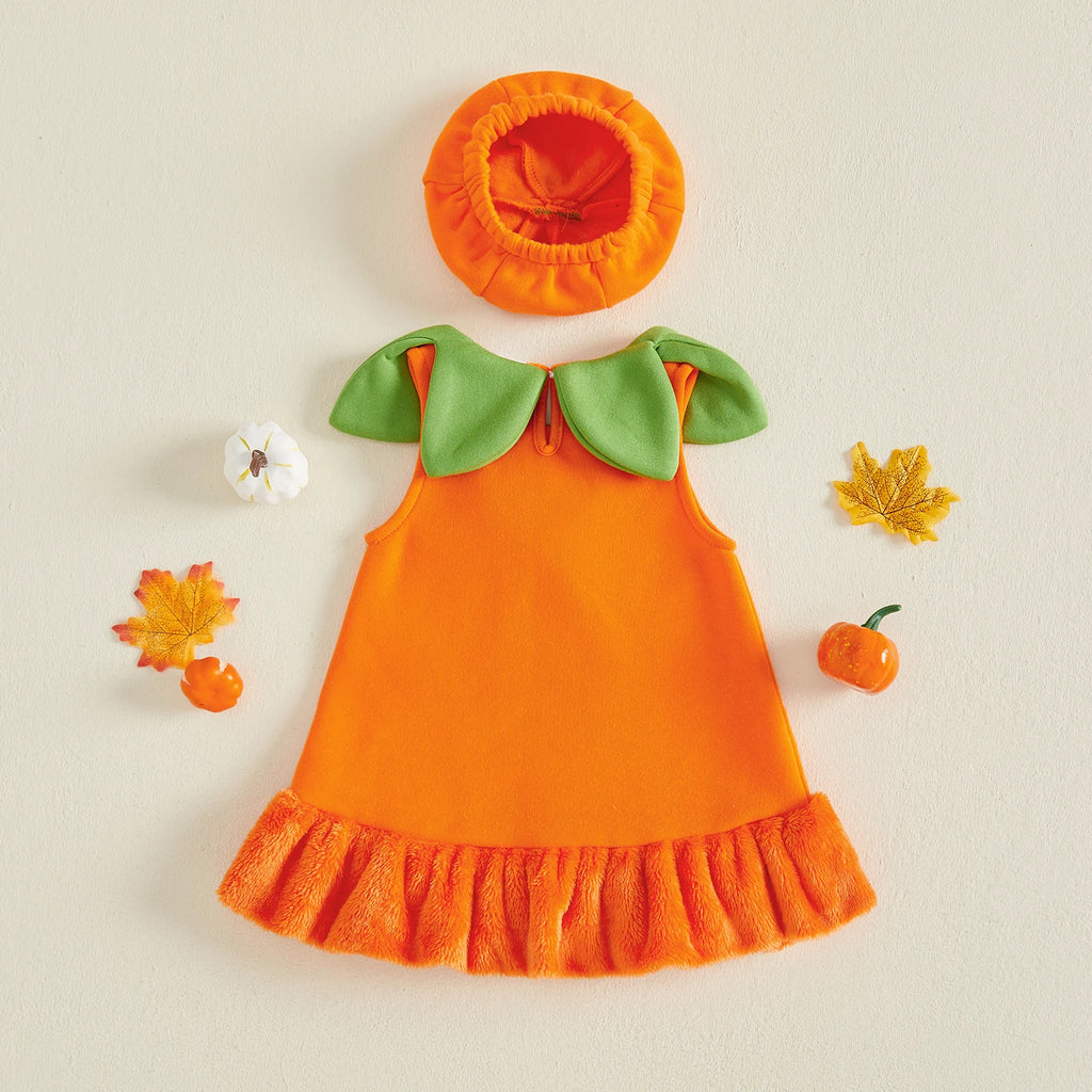 Halloween Pumpkin & Ghost Velvet Costume Dress & Hat – Girls (12M–24M)