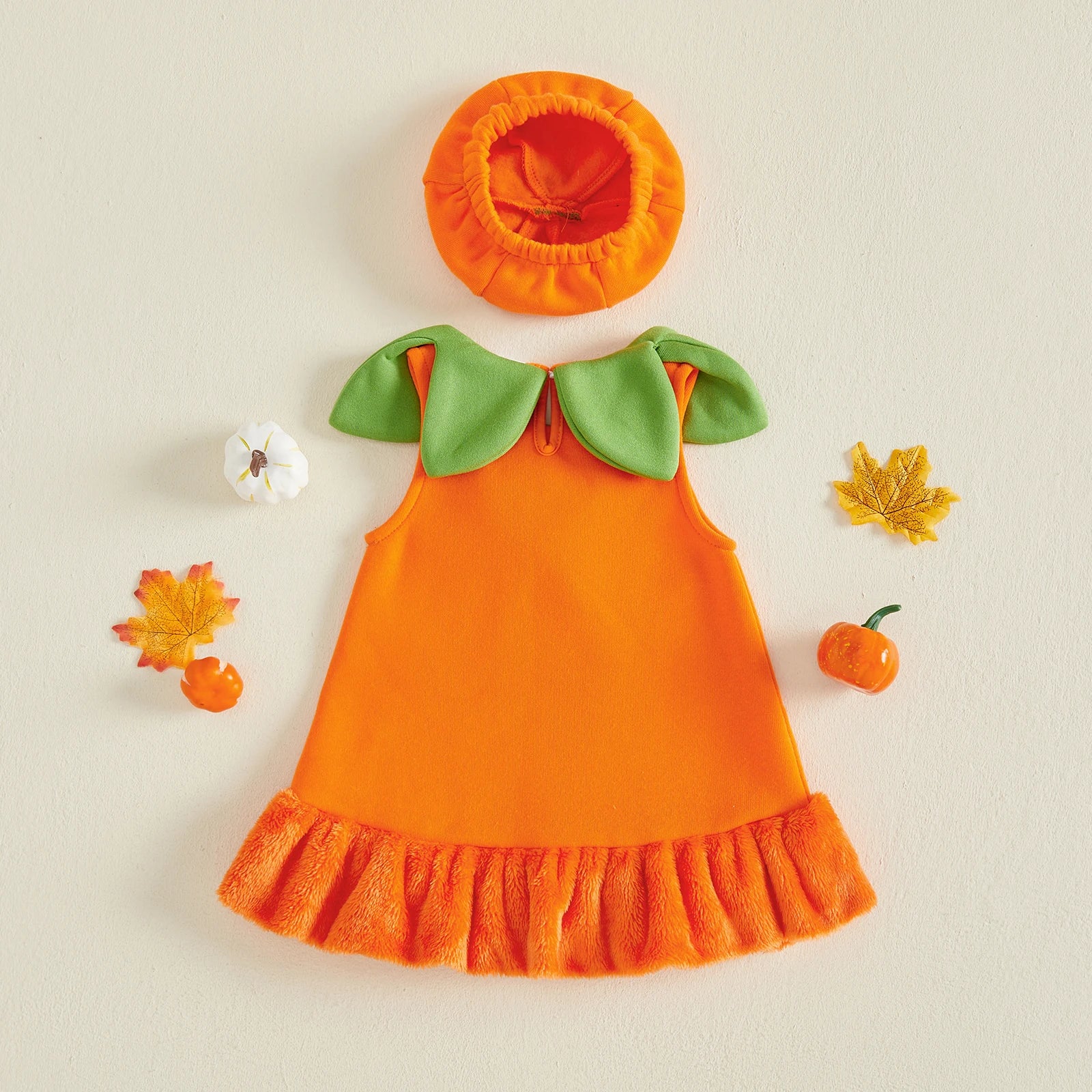 Halloween Pumpkin & Ghost Velvet Costume Dress & Hat – Girls (12M–24M)
