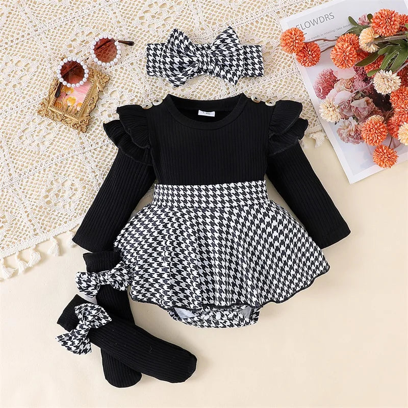 Houndstooth Romper Dress Set with Headband & Socks – Baby Girl (0M–18M)