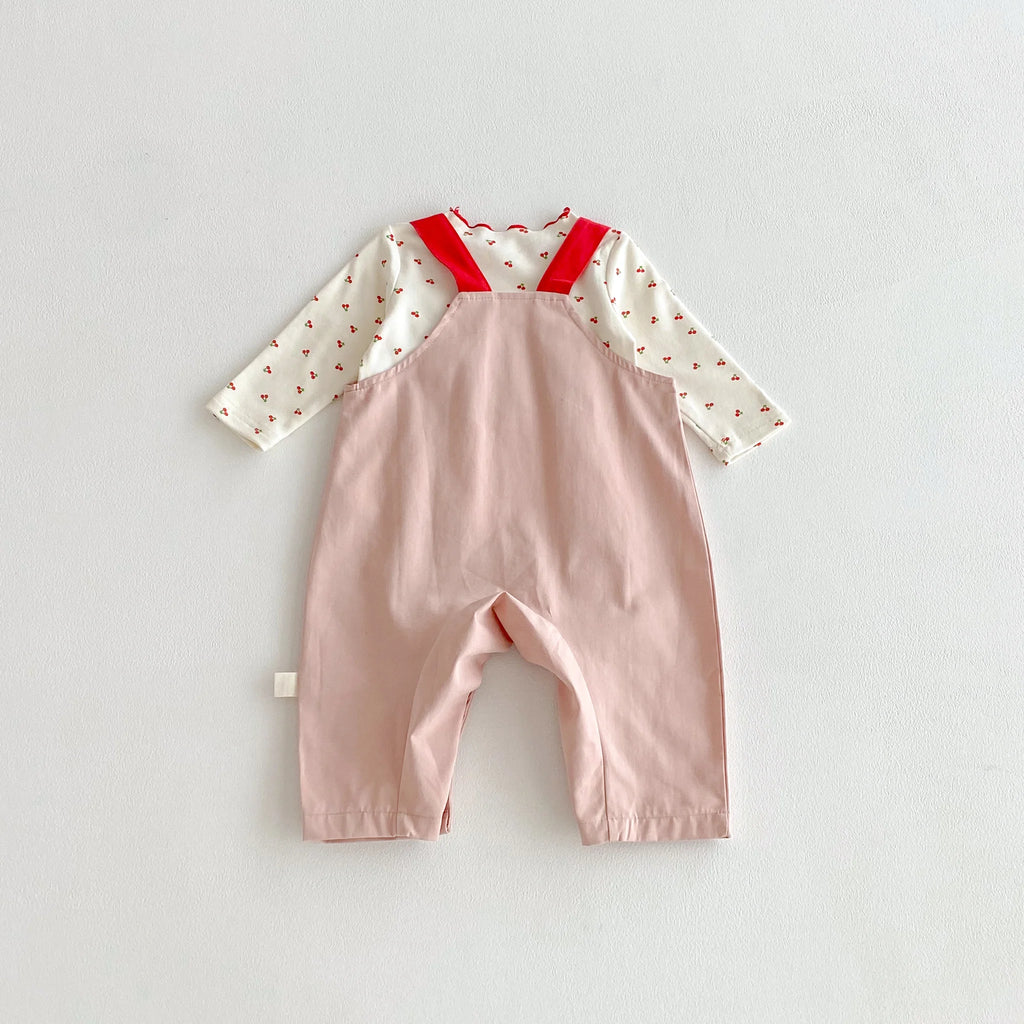 Cherry Print Top & Strap Overall Set – Girls (3M–12M)