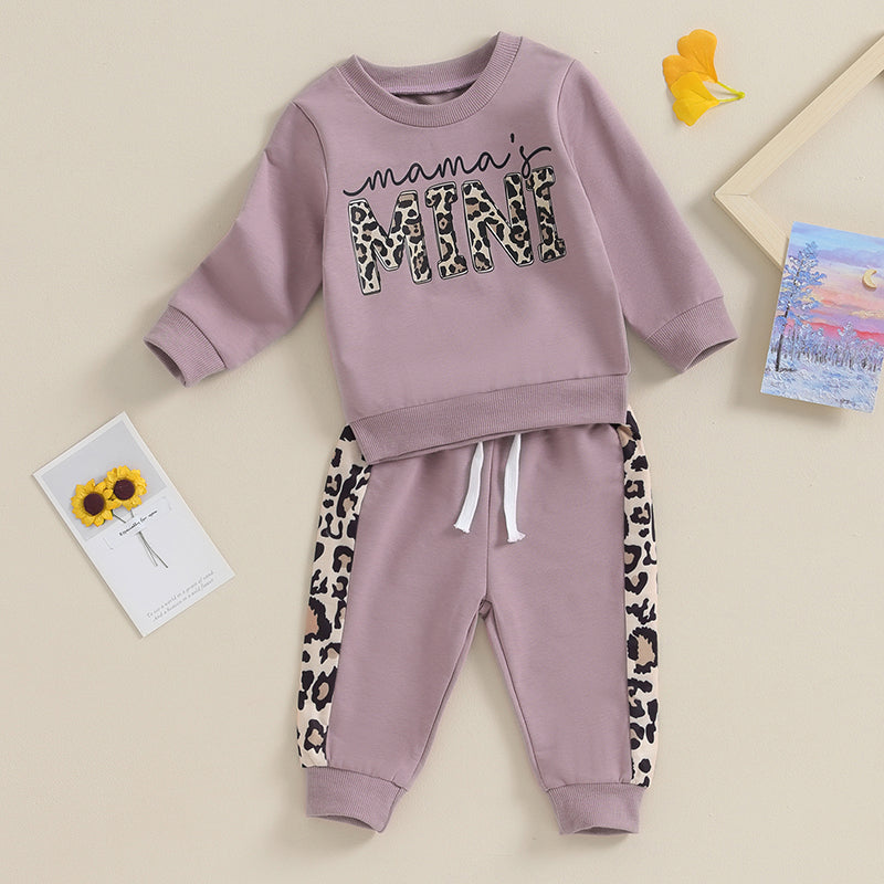 Baby Girl Leopard & Letter Print 2-Piece Outfit – Long Sleeve Pullover Top & Strap Pants (0-3T)