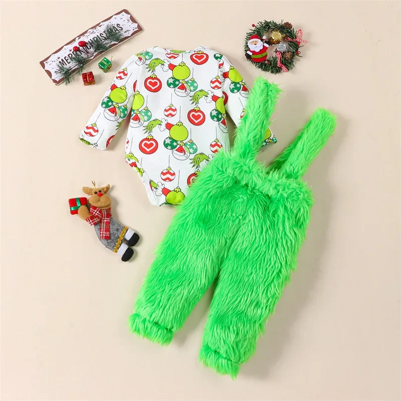 Holiday Christmas Romper & Plush Suspender Set – Baby & Toddler (6M–24M)