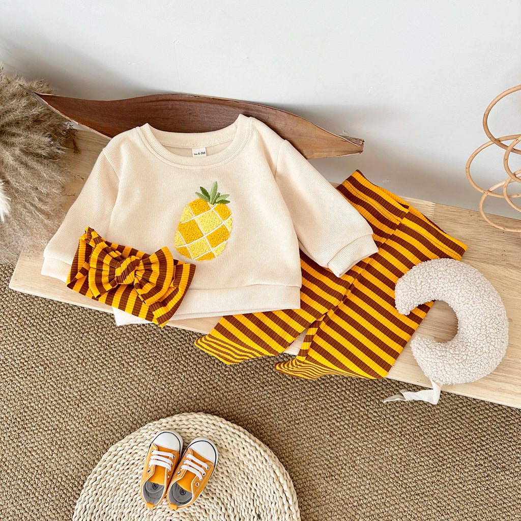 Fruit Embroidery Top, Striped Pants & Hair Band Set – Unisex (6M–18M)