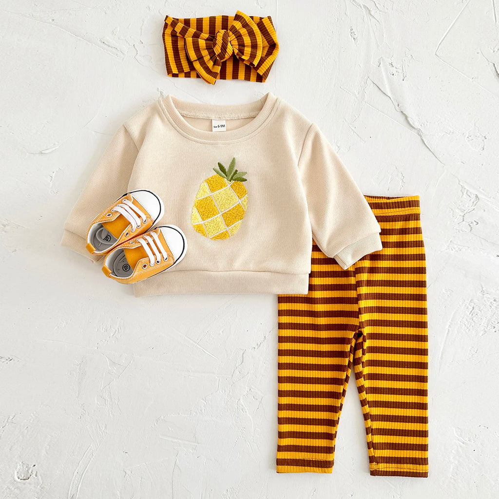 Fruit Embroidery Top, Striped Pants & Hair Band Set – Unisex (6M–18M)