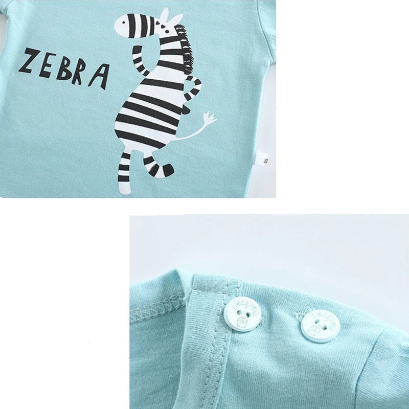 Light blue baby romper with zebra design and 'ZEBRA' text on a white background.