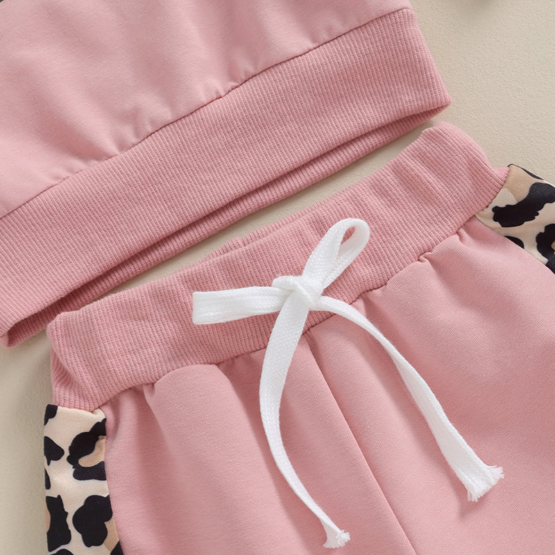 Baby Girl Leopard & Letter Print 2-Piece Outfit – Long Sleeve Pullover Top & Strap Pants (0-3T)