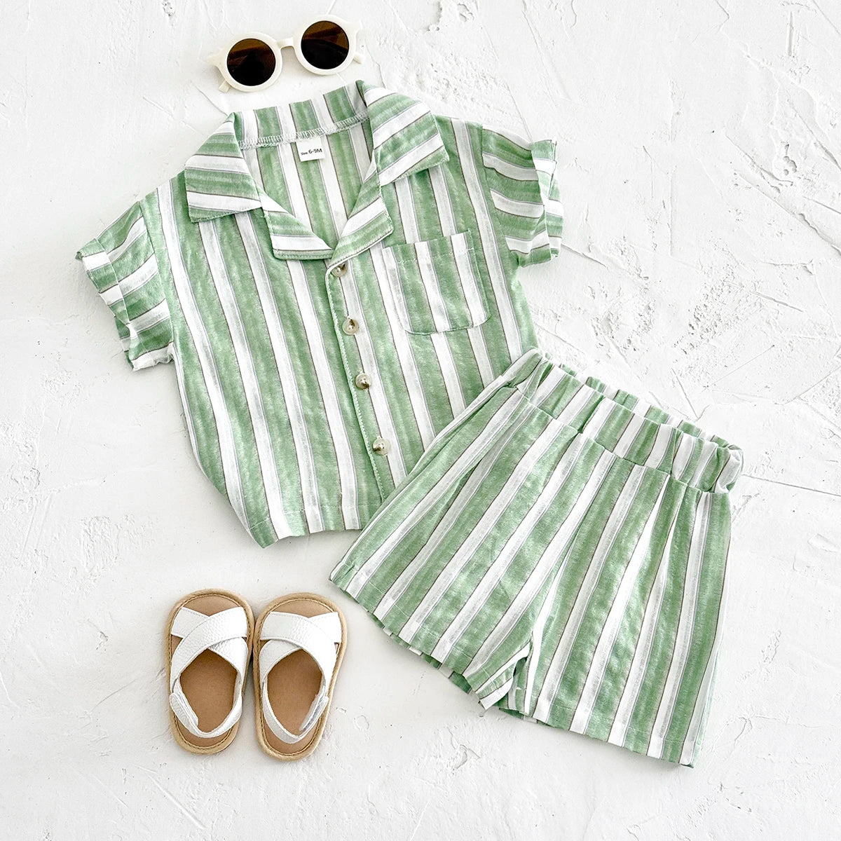 Green Stripe Shirt & Shorts Summer Set – Baby & Toddler (6M–3T)
