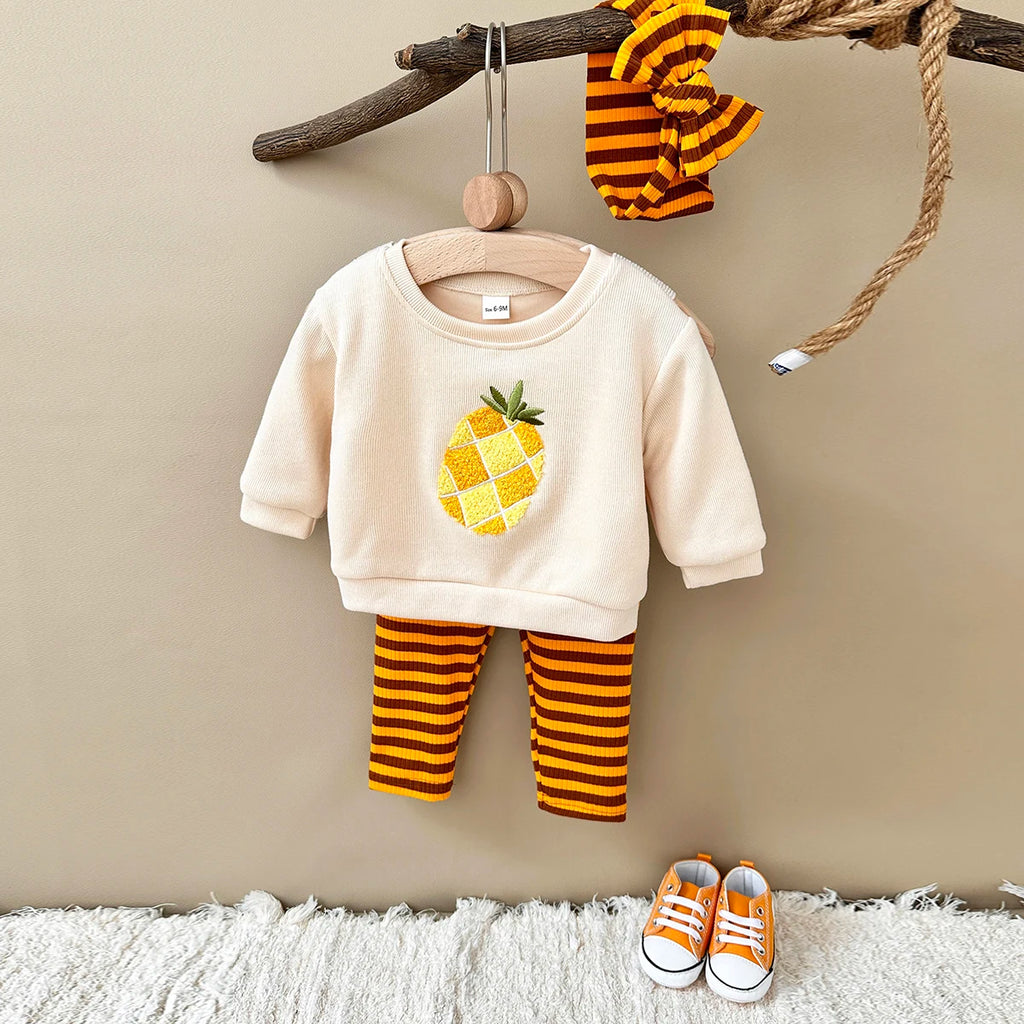 Fruit Embroidery Top, Striped Pants & Hair Band Set – Unisex (6M–18M)