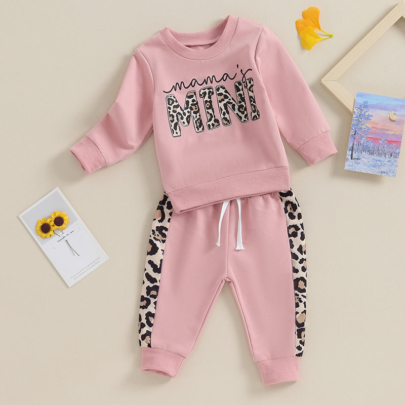 Baby Girl Leopard & Letter Print 2-Piece Outfit – Long Sleeve Pullover Top & Strap Pants (0-3T)