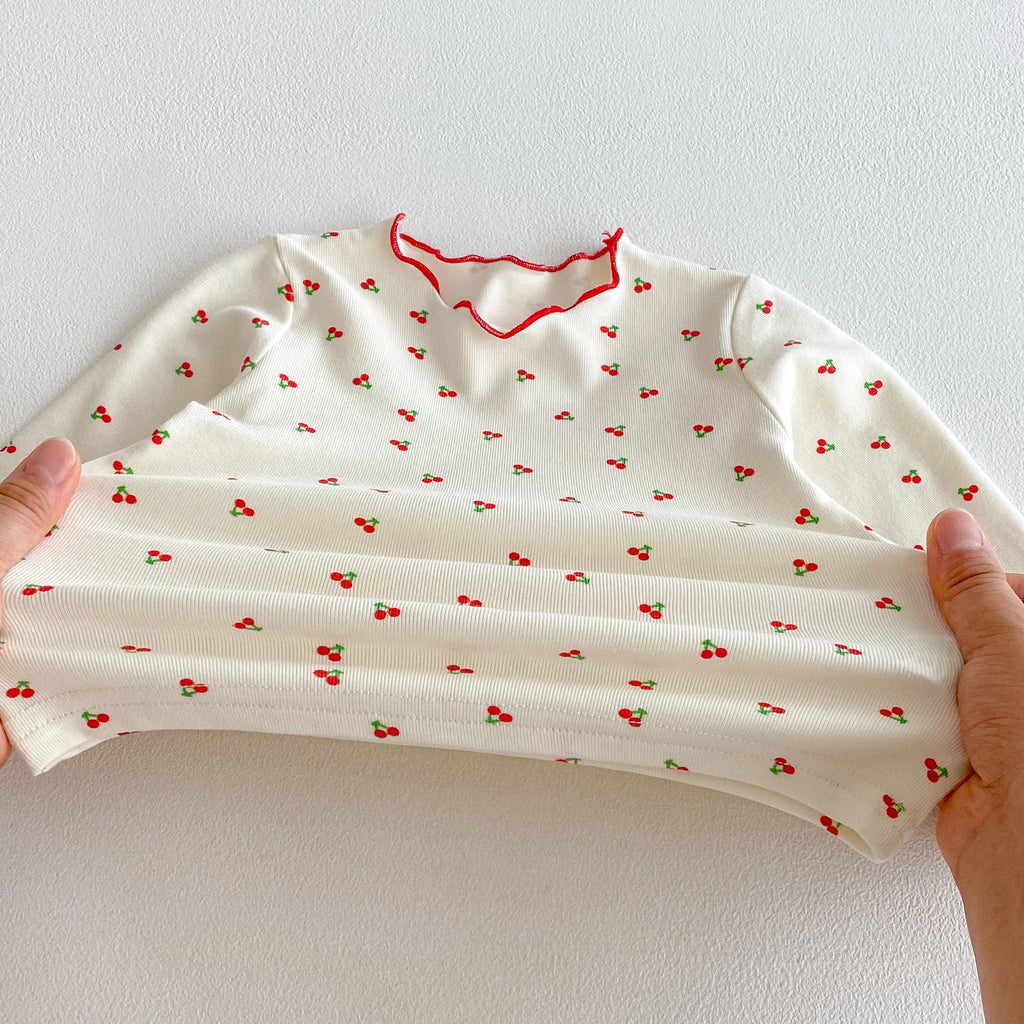 Cherry Print Top & Strap Overall Set – Girls (3M–12M)