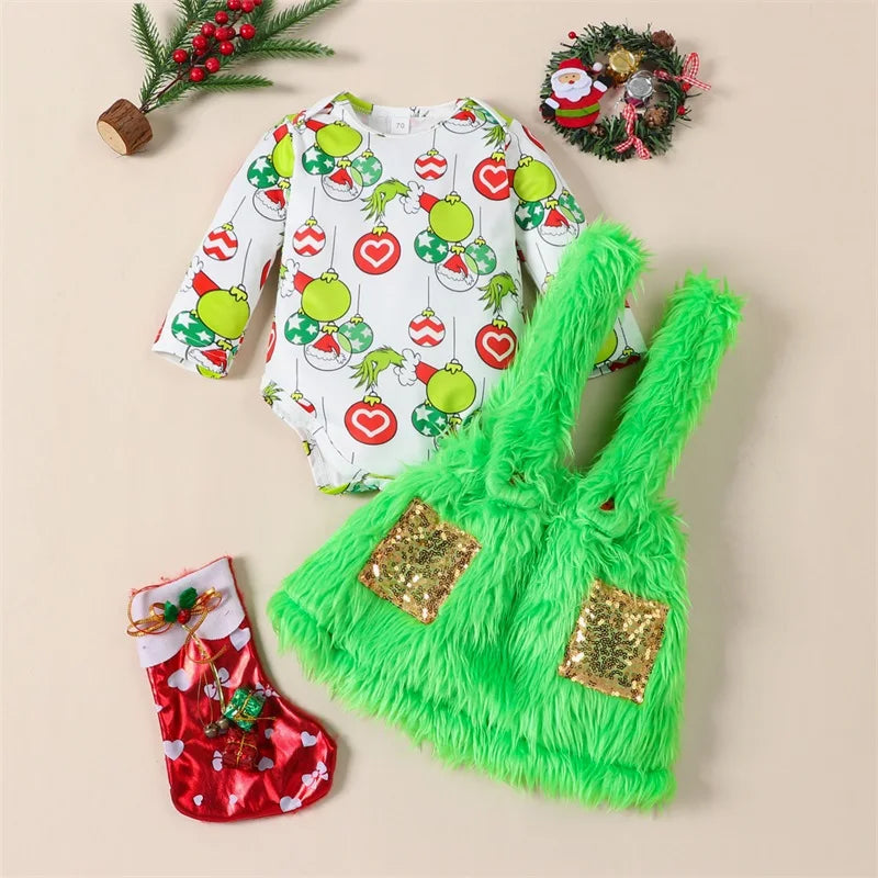 Holiday Christmas Romper & Plush Suspender Set – Baby & Toddler (6M–24M)