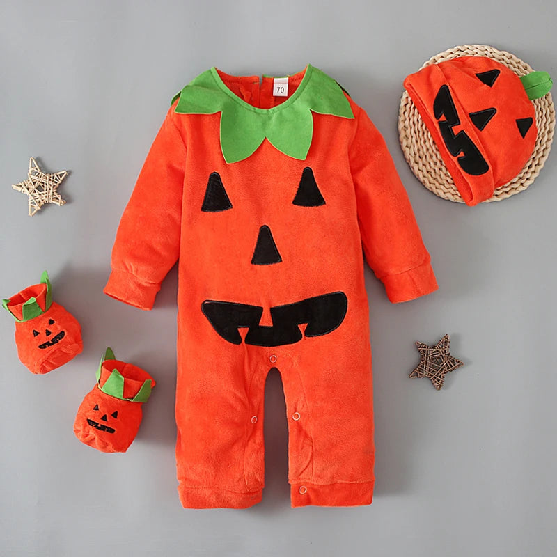 Halloween Pumpkin Romper & Hat Set – Unisex (0–3T)