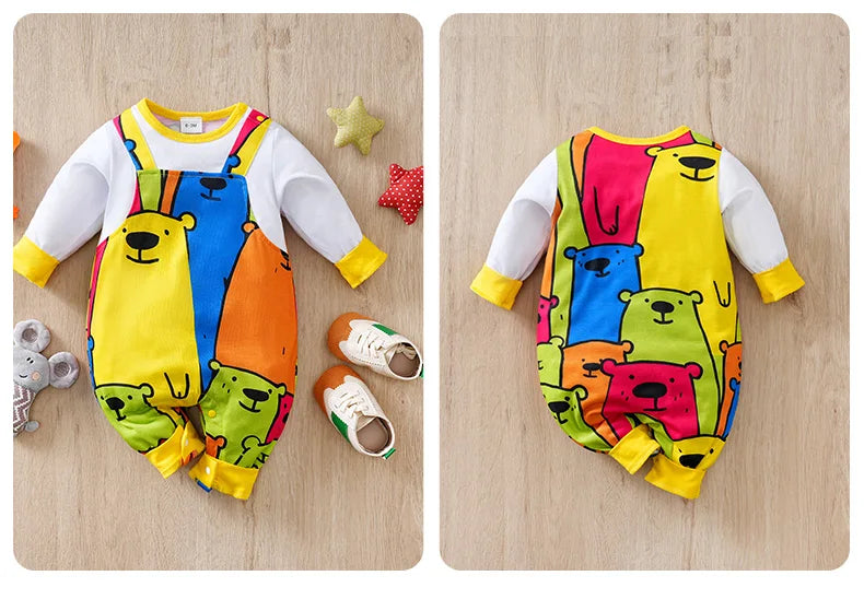Bear Print Faux Suspender Romper – Baby (0–18M)