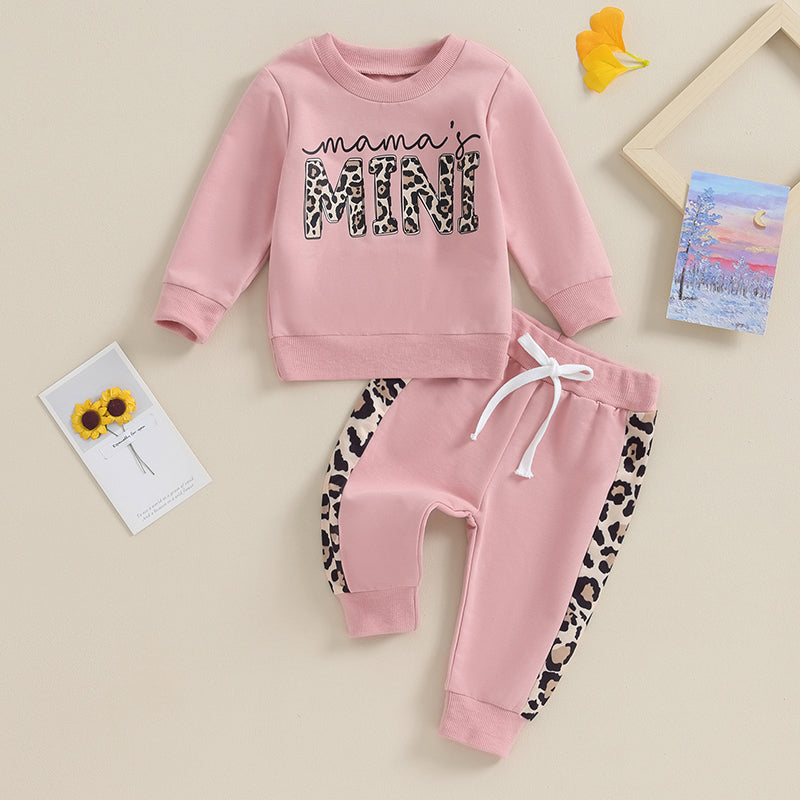 Baby Girl Leopard & Letter Print 2-Piece Outfit – Long Sleeve Pullover Top & Strap Pants (0-3T)