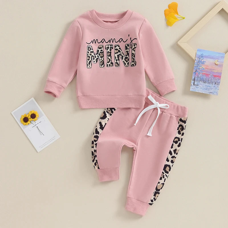Baby Girl Leopard & Letter Print 2-Piece Outfit – Long Sleeve Pullover Top & Strap Pants (0-3T)