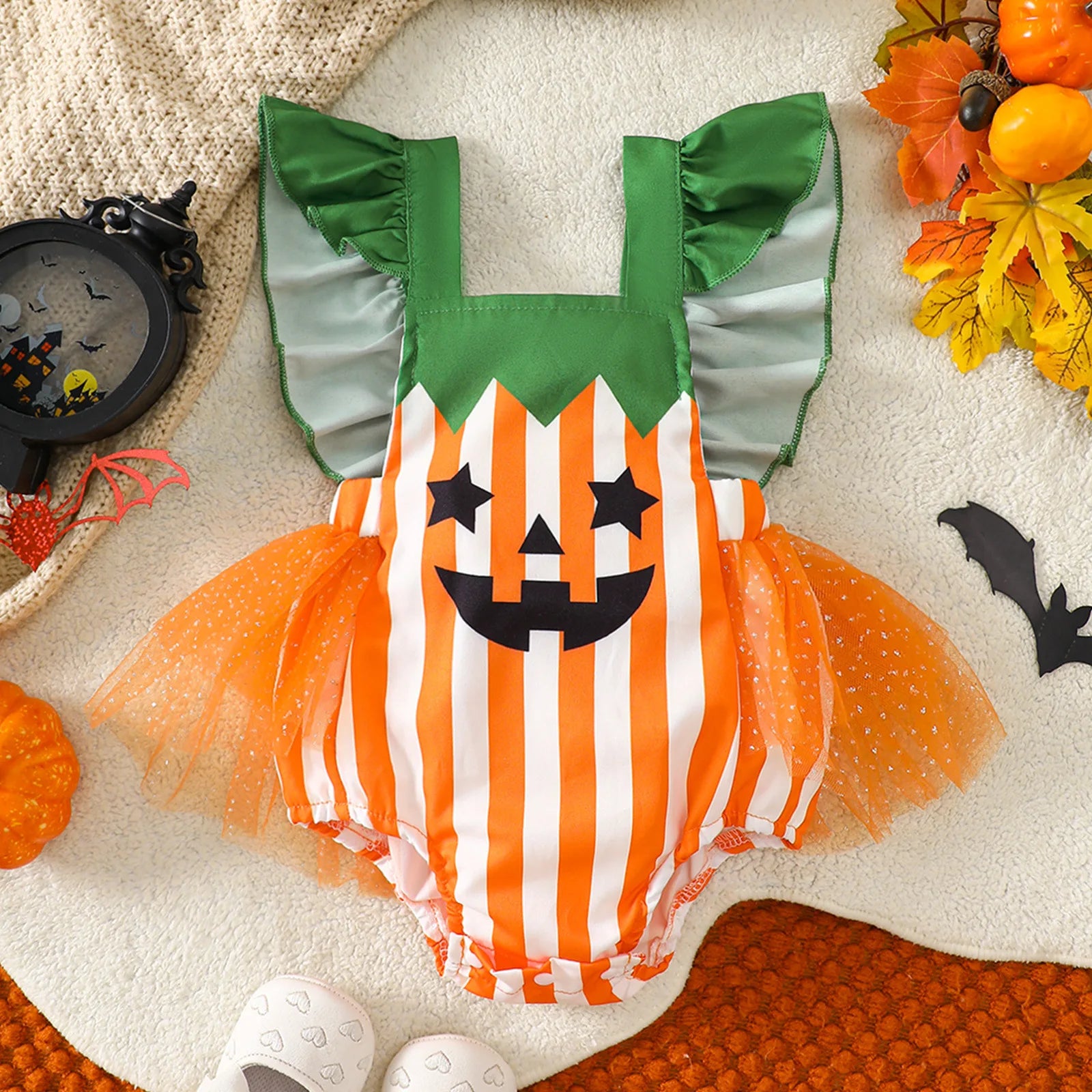 Halloween Pumpkin Mesh Romper – Girls (0–18M)