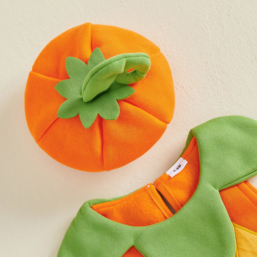Halloween Pumpkin & Ghost Velvet Costume Dress & Hat – Girls (12M–24M)
