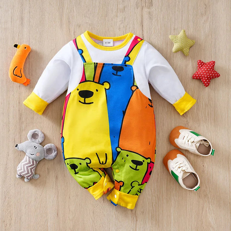 Bear Print Faux Suspender Romper – Baby (0–18M)