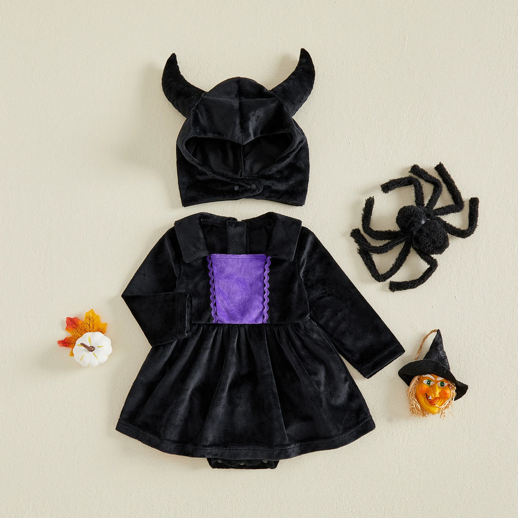 Halloween Witch Velvet Romper Dress & Hat Set – Girls (3M–18M)