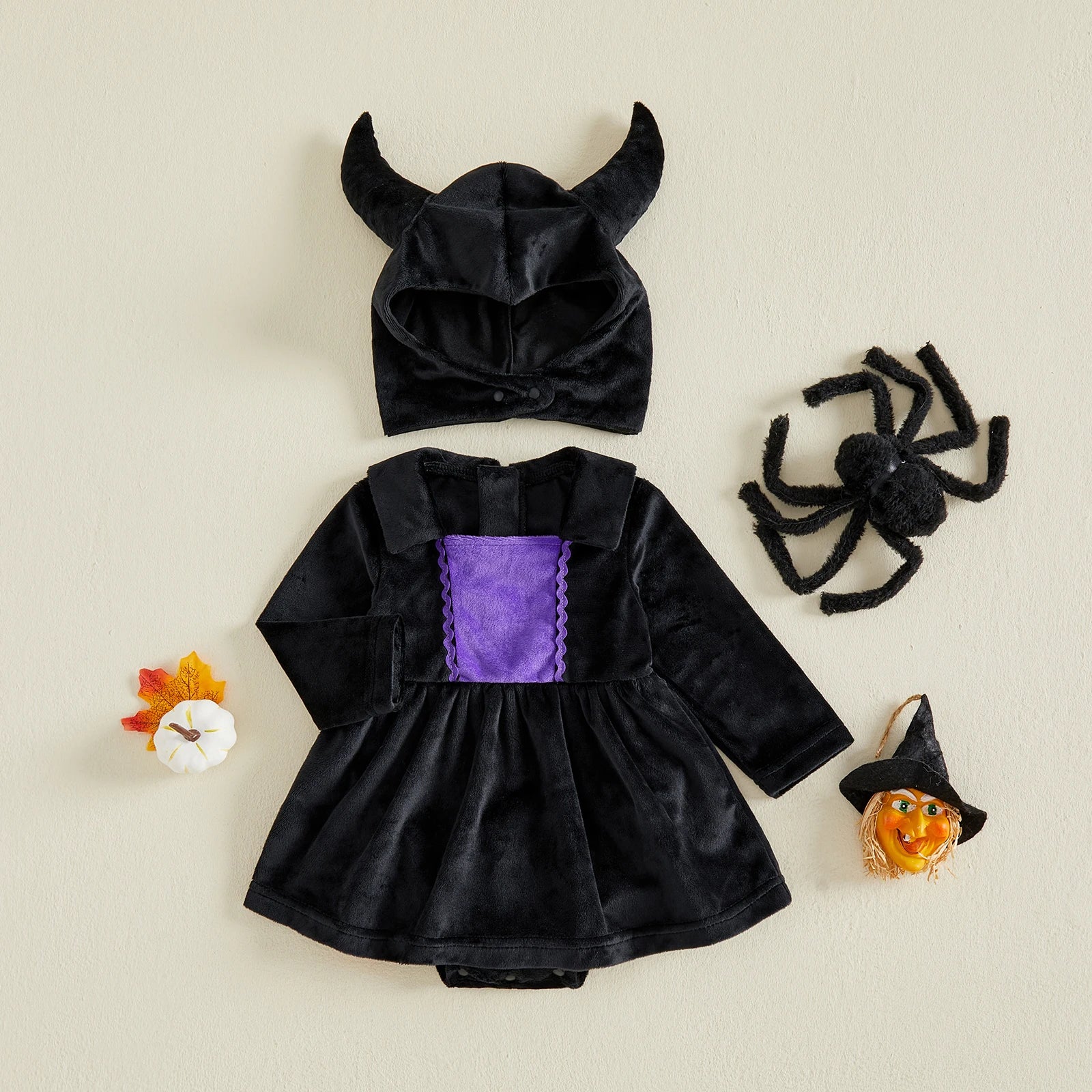 Halloween Witch Velvet Romper Dress & Hat Set – Girls (3M–18M)