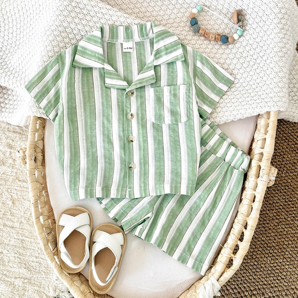 Green Stripe Shirt & Shorts Summer Set – Baby & Toddler (6M–3T)
