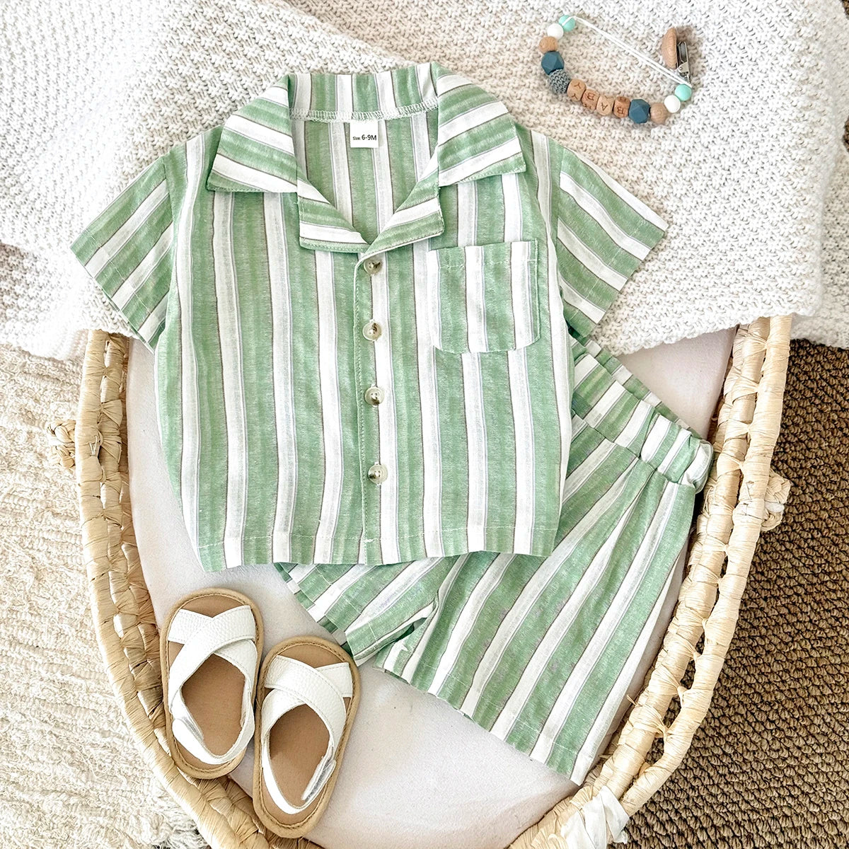 Green Stripe Shirt & Shorts Summer Set – Baby & Toddler (6M–3T)