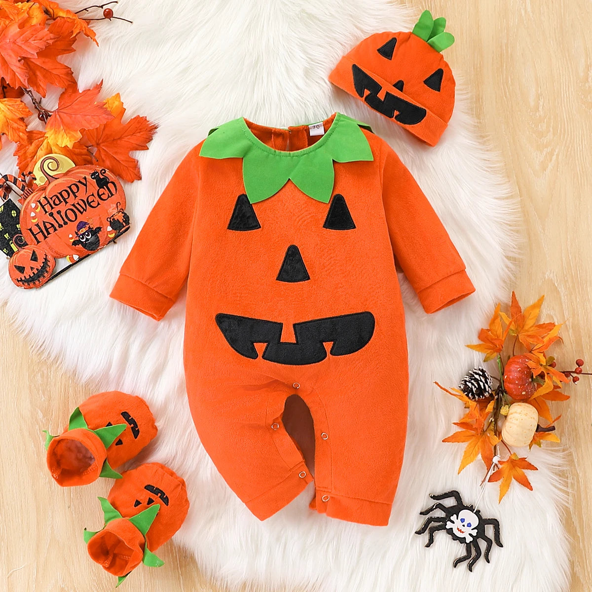 Halloween Pumpkin Romper & Hat Set – Unisex (0–3T)