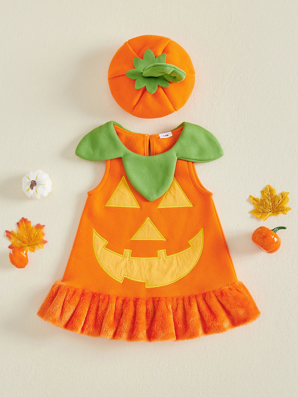 Halloween Pumpkin & Ghost Velvet Costume Dress & Hat – Girls (12M–24M)