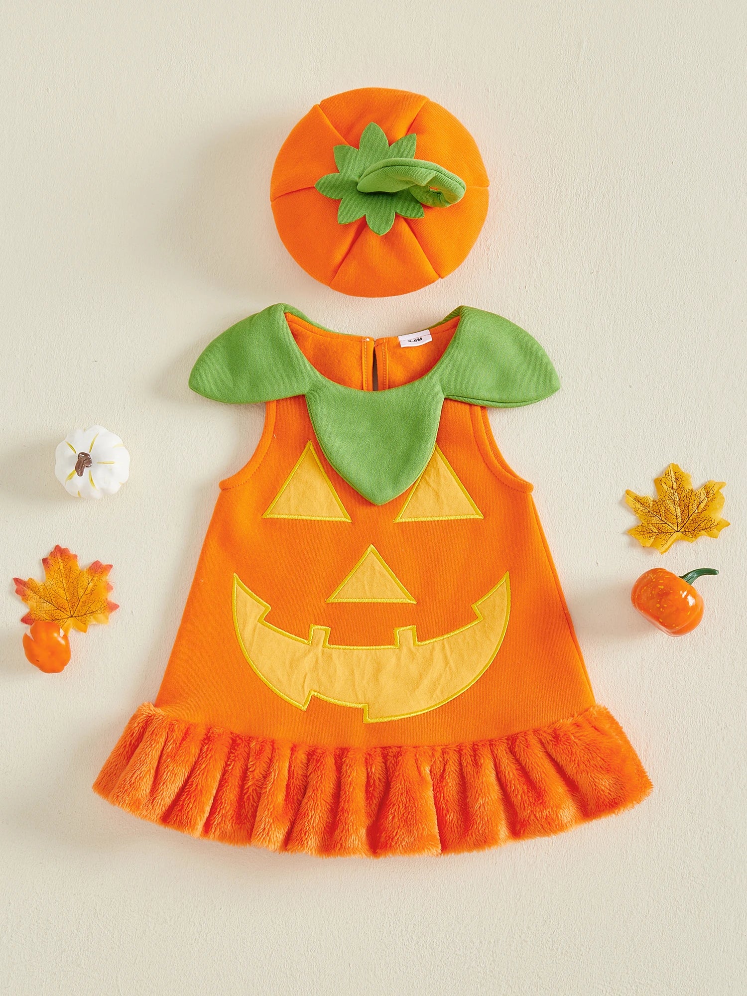 Halloween Pumpkin & Ghost Velvet Costume Dress & Hat – Girls (12M–24M)