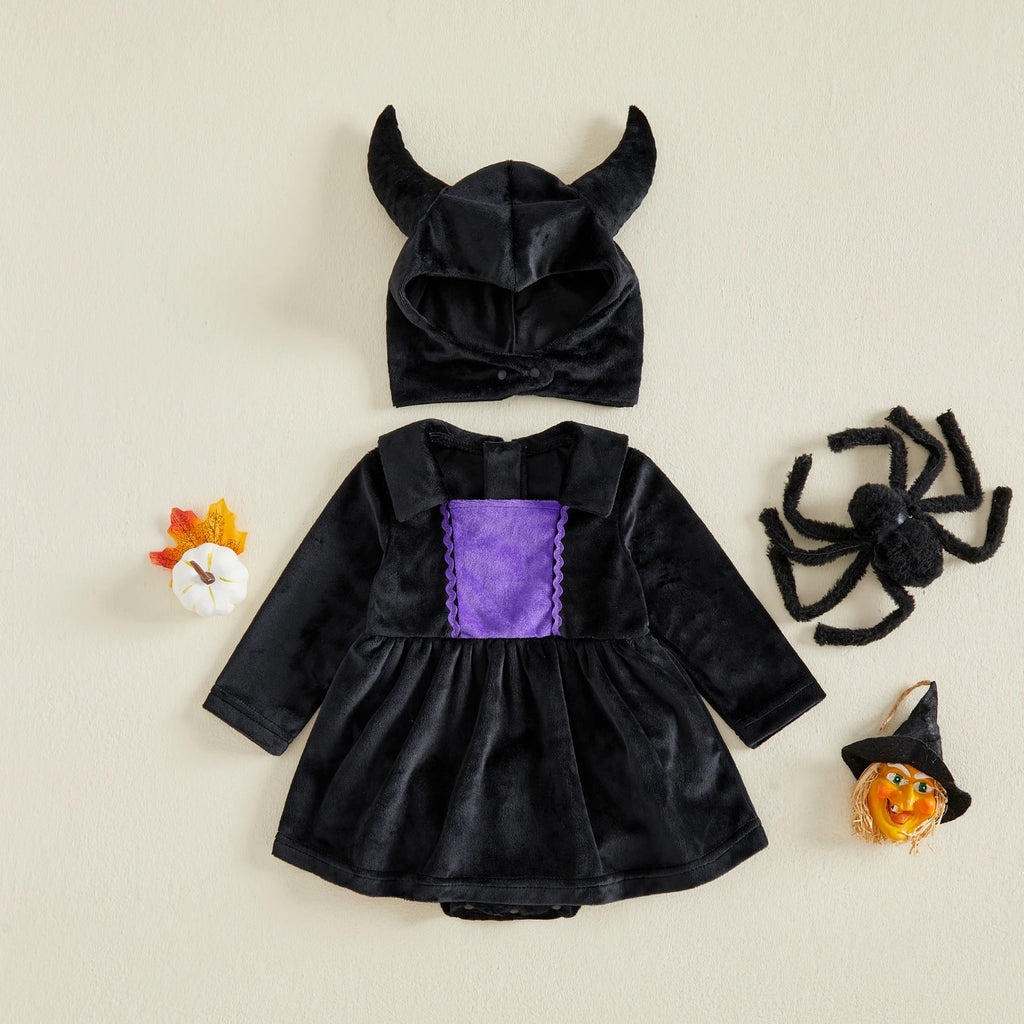 Halloween Witch Velvet Romper Dress & Hat Set – Girls (3M–18M)