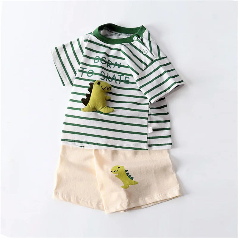Dinosaur Striped T-Shirt & Shorts Set – Unisex (6M–5T)