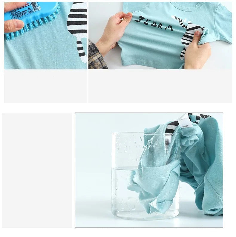 Collage of a light blue t-shirt with zebra print being washed in water, with a 24-hour clock icon.