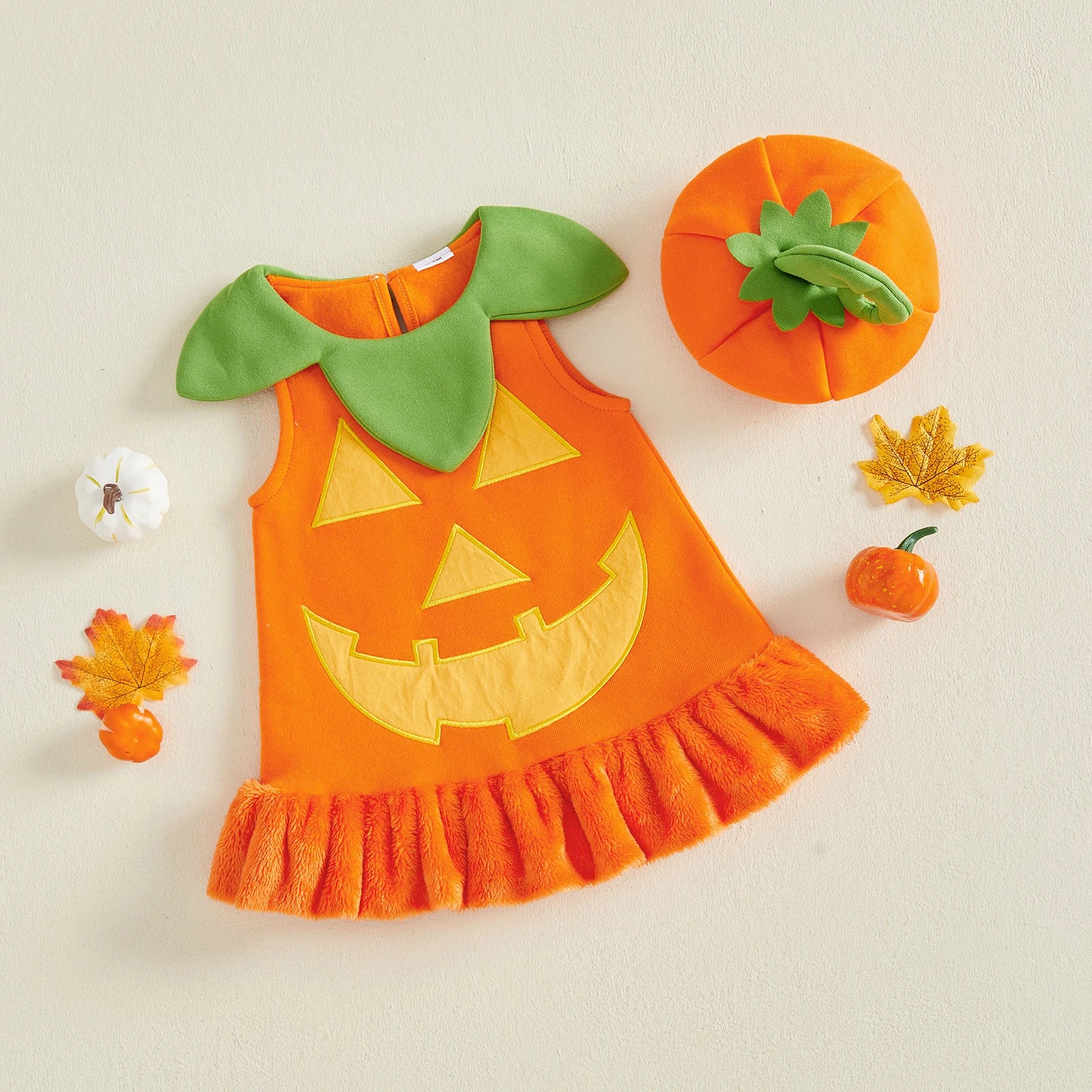 Halloween Pumpkin & Ghost Velvet Costume Dress & Hat – Girls (12M–24M)