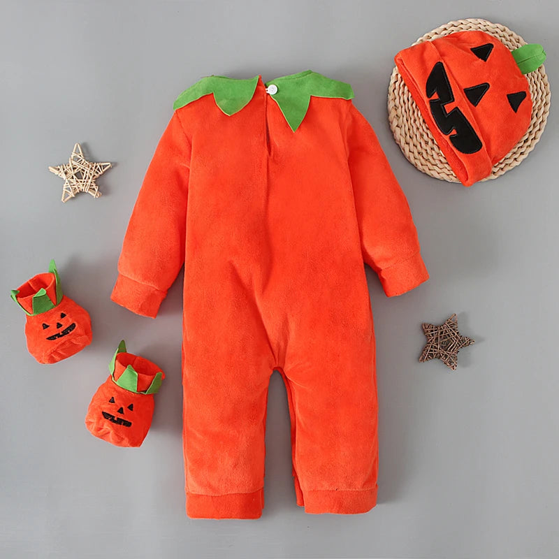Halloween Pumpkin Romper & Hat Set – Unisex (0–3T)