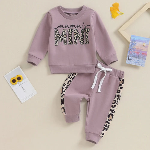 Baby Girl Leopard & Letter Print 2-Piece Outfit – Long Sleeve Pullover Top & Strap Pants (0-3T)