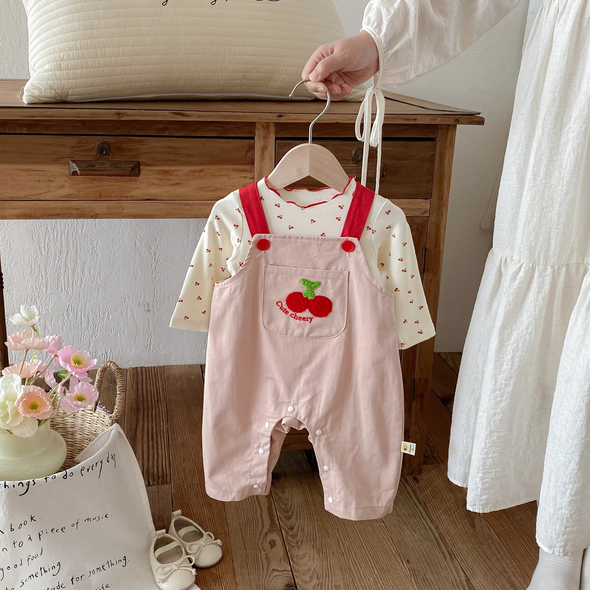 Cherry Print Top & Strap Overall Set – Girls (3M–12M)