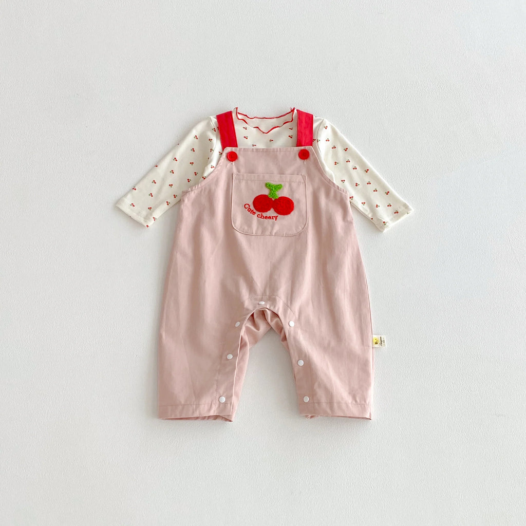 Cherry Print Top & Strap Overall Set – Girls (3M–12M)