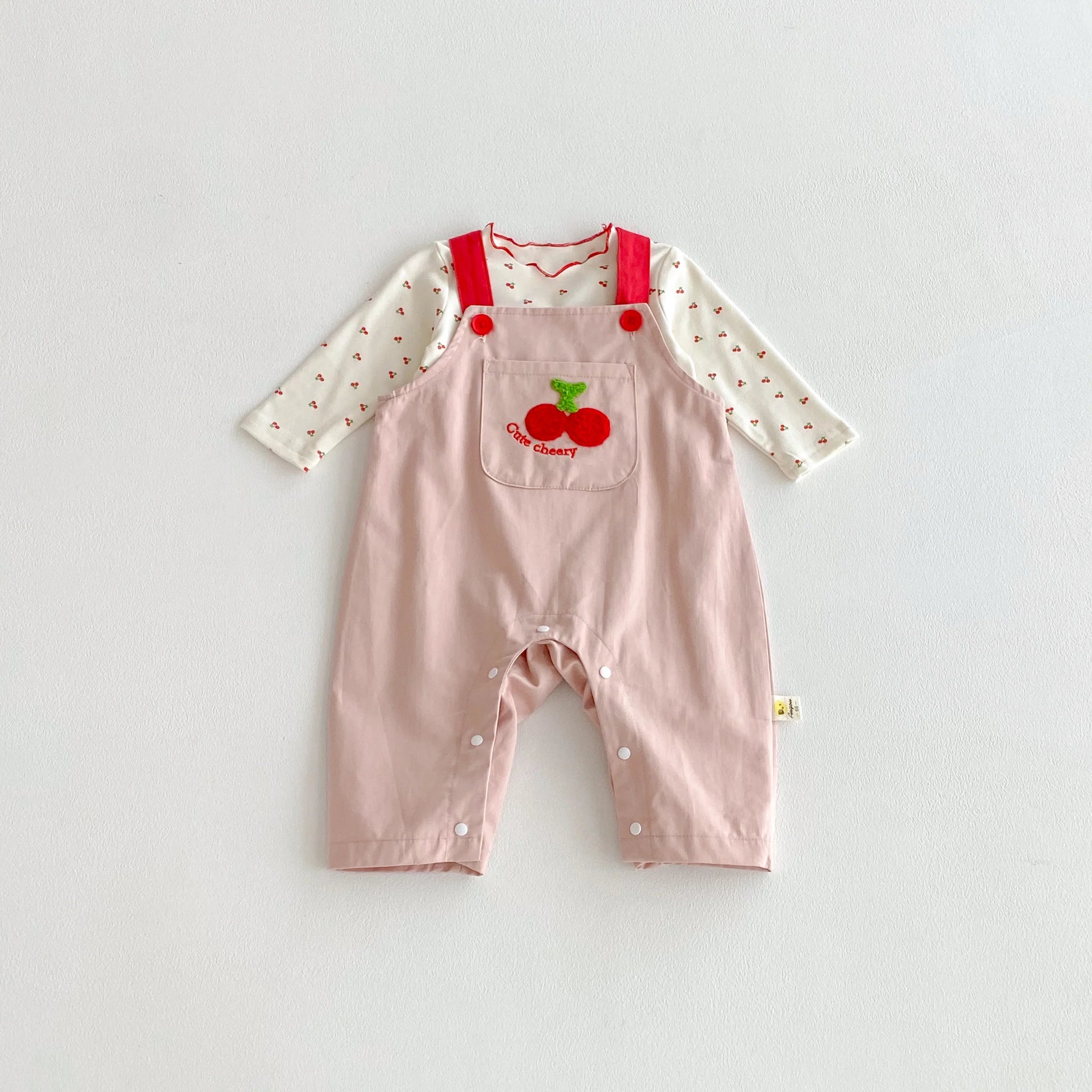 Cherry Print Top & Strap Overall Set – Girls (3M–12M)