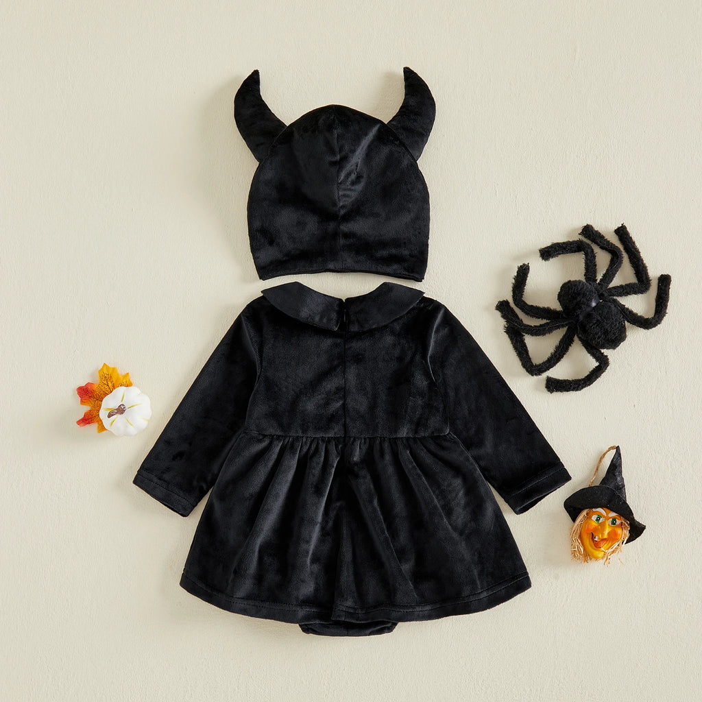 Halloween Witch Velvet Romper Dress & Hat Set – Girls (3M–18M)