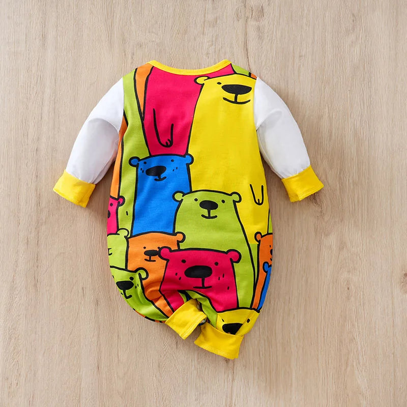 Bear Print Faux Suspender Romper – Baby (0–18M)