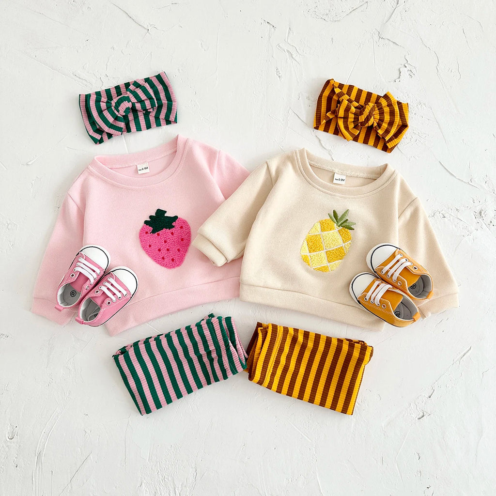 Fruit Embroidery Top, Striped Pants & Hair Band Set – Unisex (6M–18M)