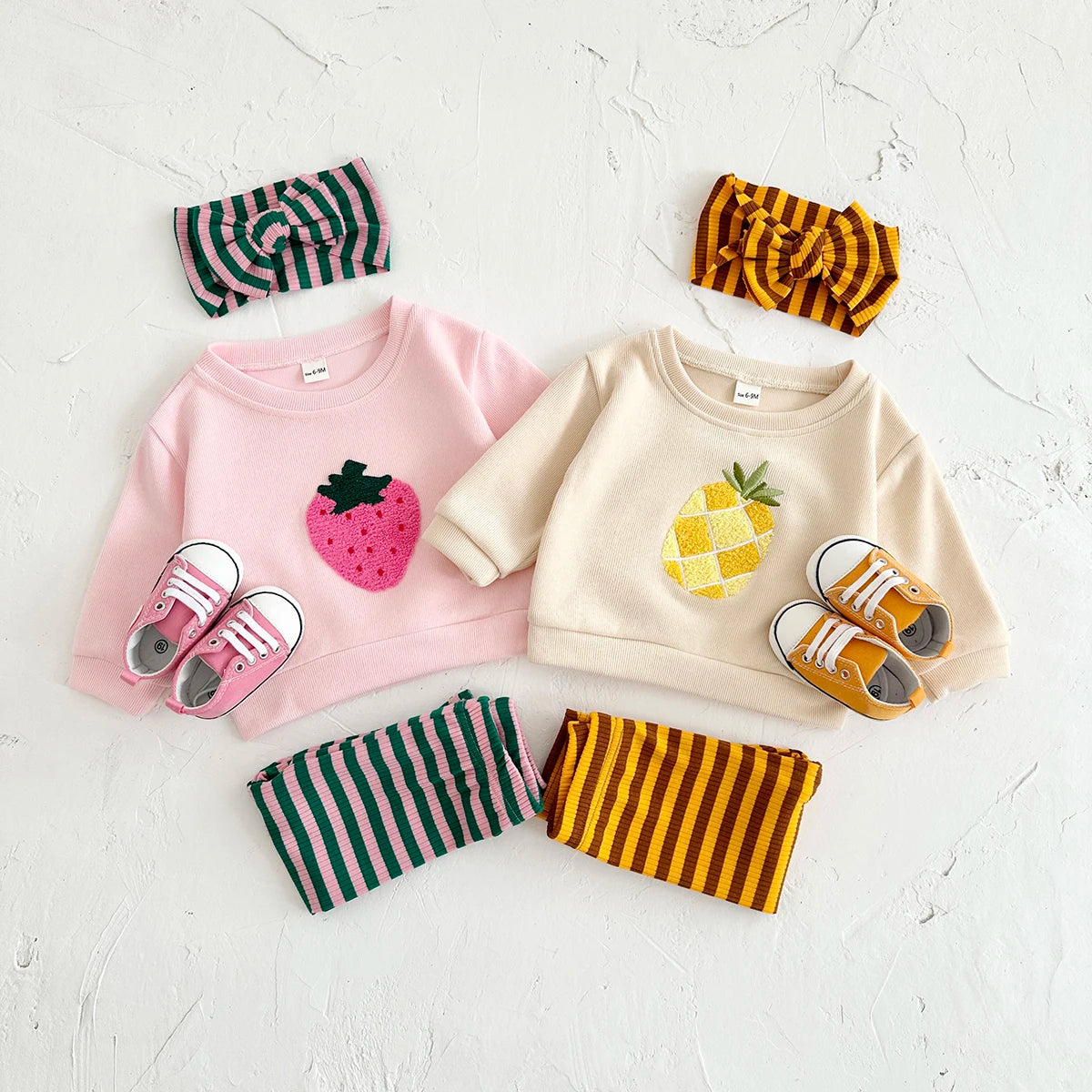 Fruit Embroidery Top, Striped Pants & Hair Band Set – Unisex (6M–18M)