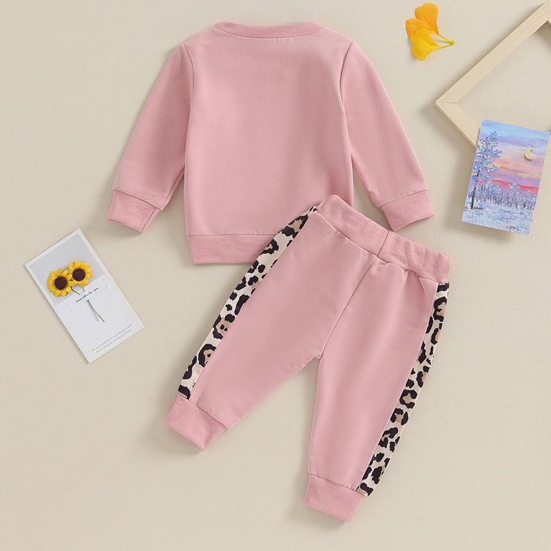 Baby Girl Leopard & Letter Print 2-Piece Outfit – Long Sleeve Pullover Top & Strap Pants (0-3T)