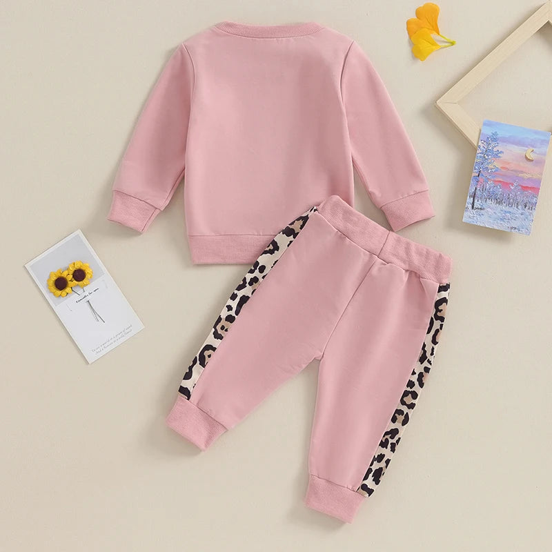 Baby Girl Leopard & Letter Print 2-Piece Outfit – Long Sleeve Pullover Top & Strap Pants (0-3T)