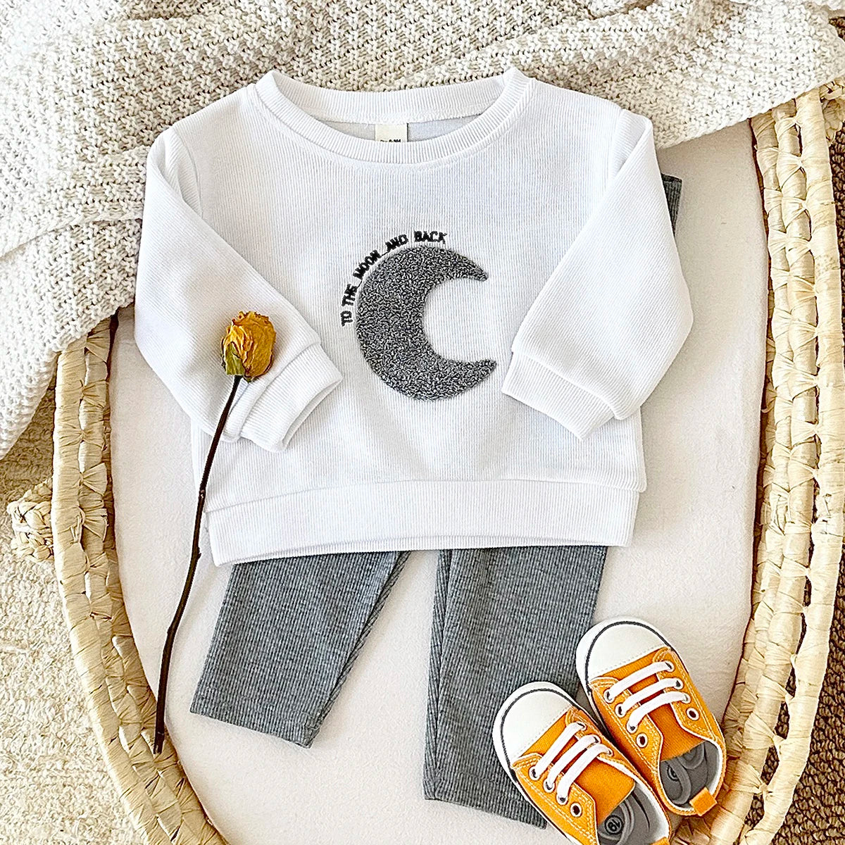 Sun & Moon Plush Embroidered Outfit Set – Unisex (6M–3T)