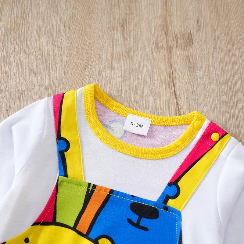 Bear Print Faux Suspender Romper – Baby (0–18M)